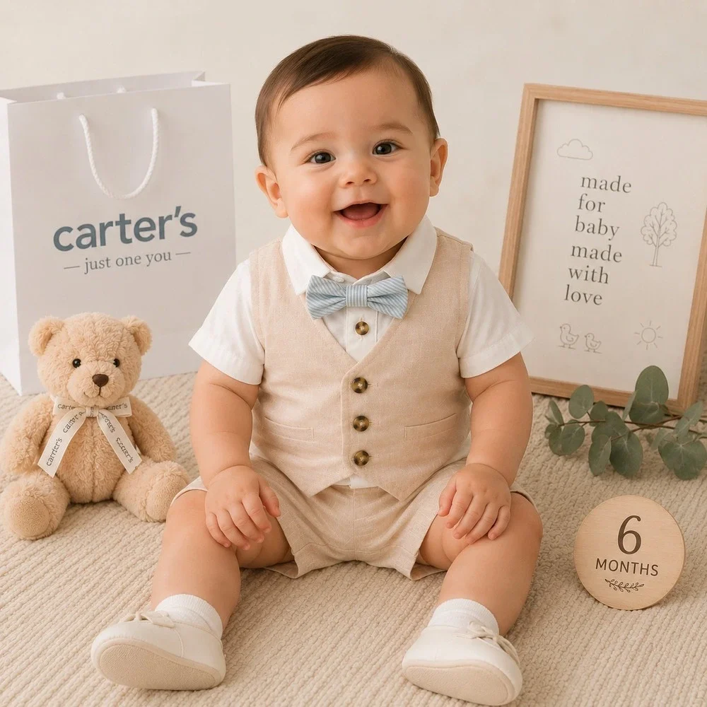 CARTERS Baby Boys New 4 Pc Outfit Set Vest Shorts Romper 6M Beige &‎ White